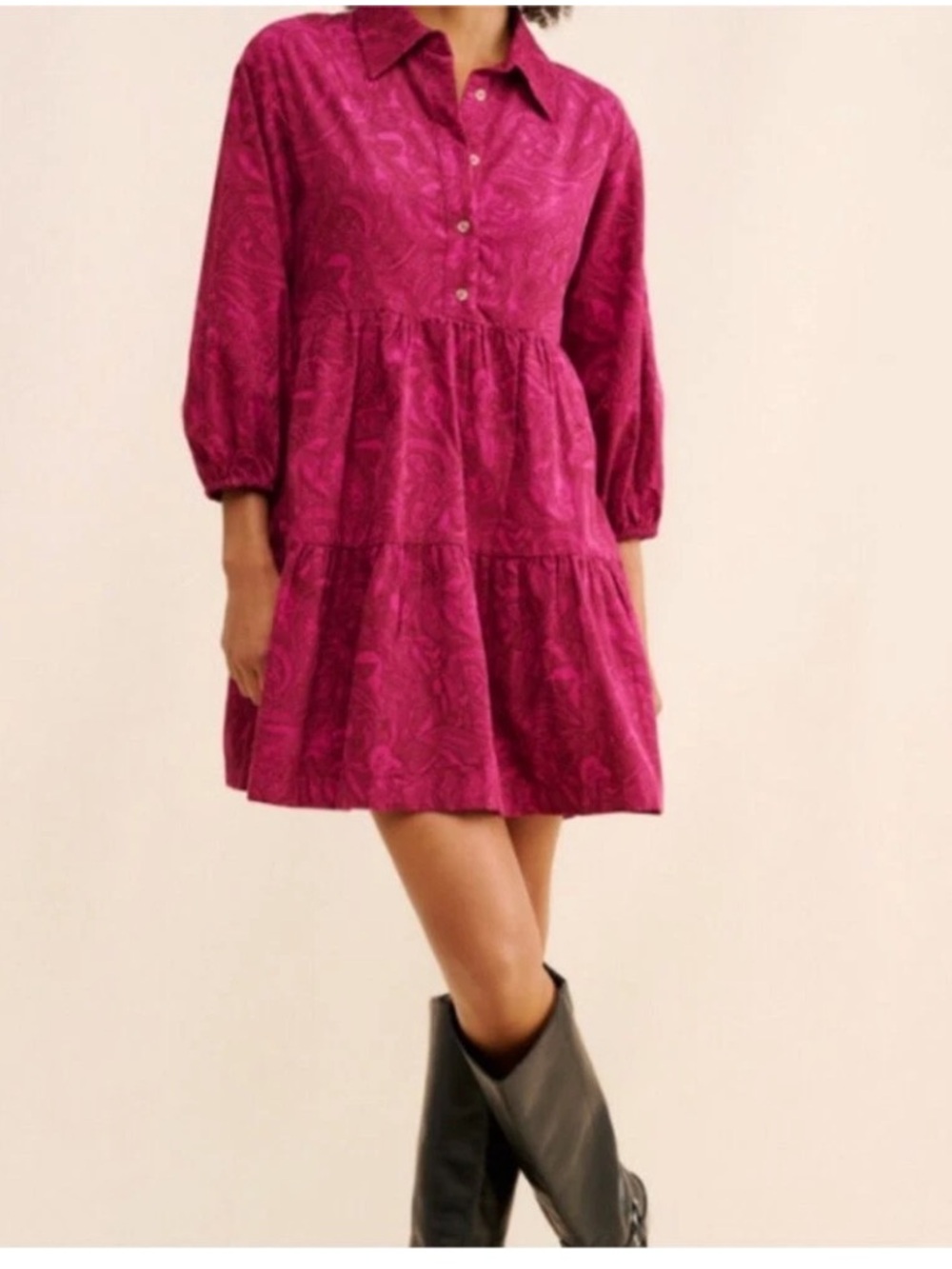 Maeve Magenta Paisley Tiered Mini Dress